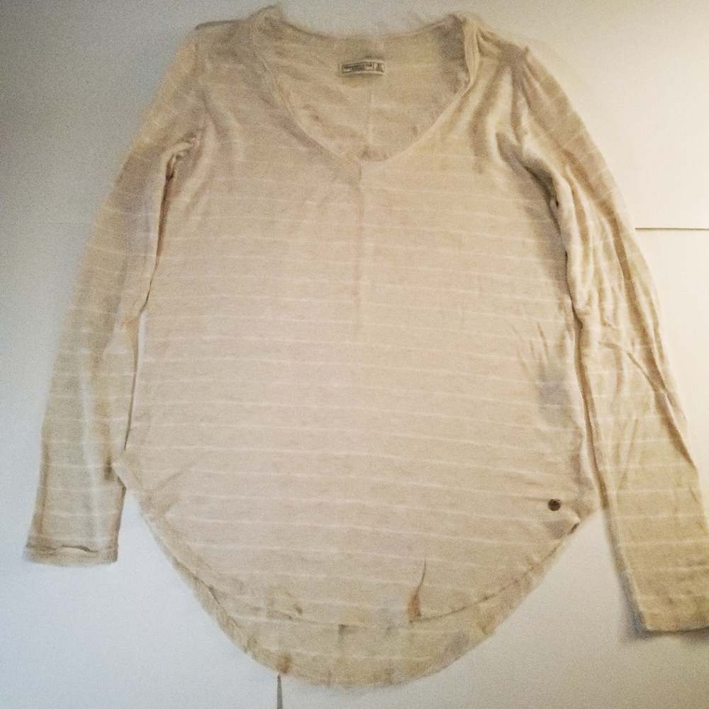 Abercrombie women XS essential long sleeve shirt Tan + white stripe, neck detail